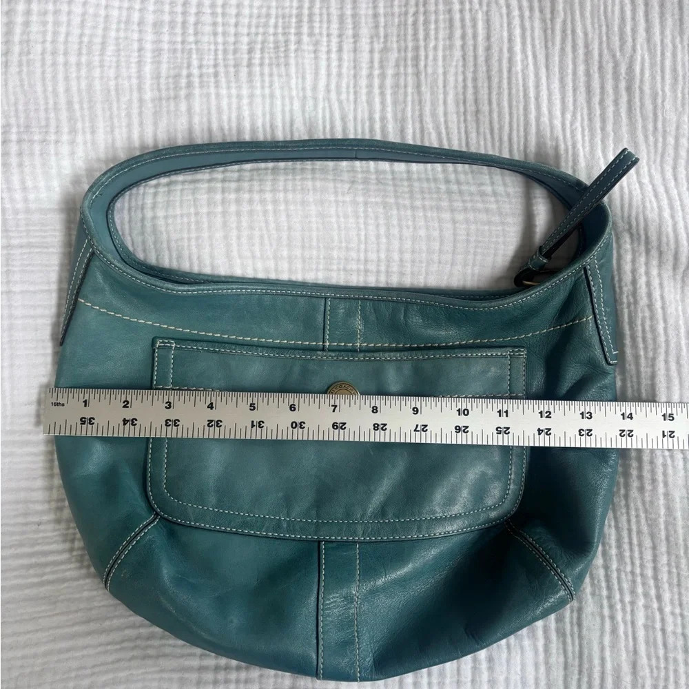Vintage Y2K Coach Teal Leather Shoulder Bag with Front Pocket - Picture 11 of 12